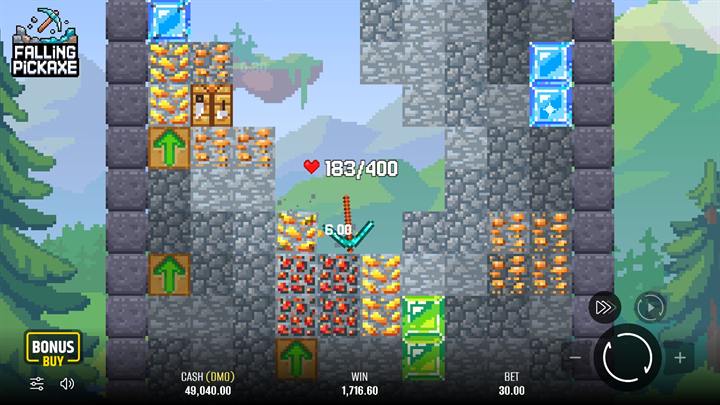 A round in progress: the pickaxe mid-shaft with the durability counter and win total on screen